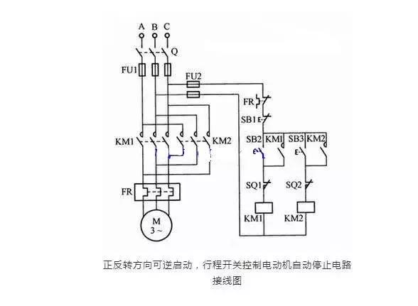 行程開關(guān)控制電動機自動停止電路接線圖